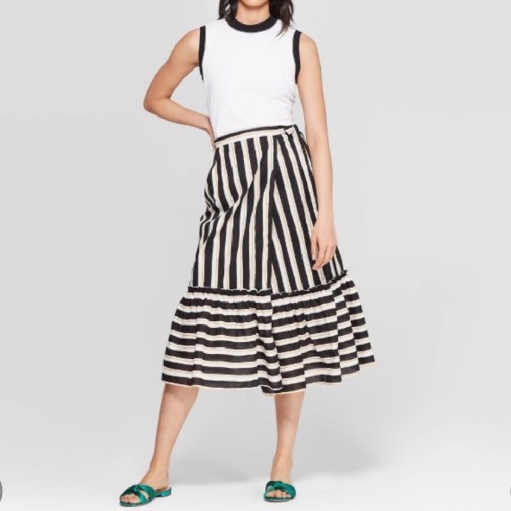 Who What Wear Black + Yellow Tie Waist Midi Skirt